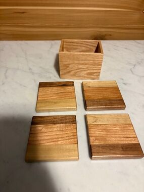 Handmade Wooden Coaster Set with Holder - Natural Wood Tones